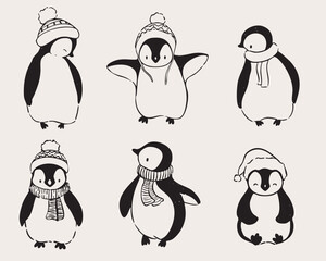 Cute penguins in scarves and hats winter character illustration for holiday designs.