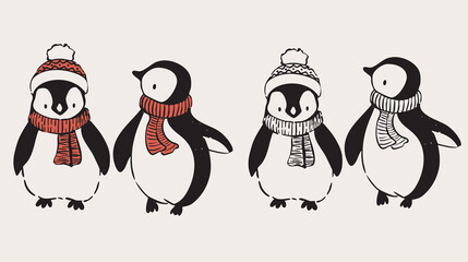 Adorable penguins in red scarves warm and happy Christmas illustration for cards.