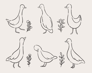 Adorable geese with flowers minimal line art perfect for kids posters and cards