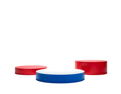 3D rendering of red, white, and blue cylindrical platform stages on black. Perfect product showcase or abstract concept