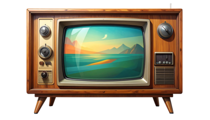 Wood grain TV displaying a stylized ocean landscape under a soft sunset with distant mountains and a crescent moon