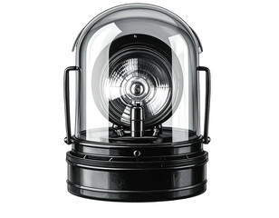 A clear dome covers a metallic siren, encased in black. Mounted on a base