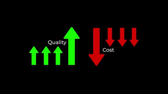 Cost and quality control concept. Person hold virtual cost and quality icons to Improve work efficiency for quality control and company cost reduction. quality with up arrow and cost with down arrow.