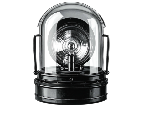 A clear dome covers a metallic siren, encased in black. Mounted on a base