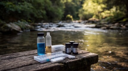 Water testing kit and vials arranged on a wooden bench beside a clear flowing stream in nature