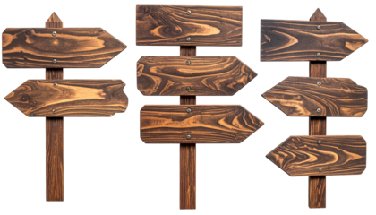 Wood sign collection directional, rustic markers on posts, stained brown, pointing different ways against a black backdrop
