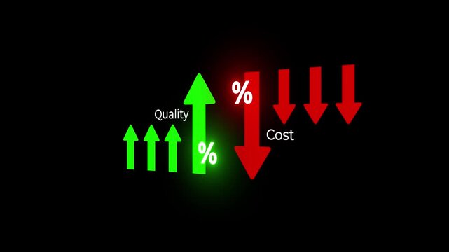 Cost and quality control concept. Person hold virtual cost and quality icons to Improve work efficiency for quality control and company cost reduction. quality with up arrow and cost with down arrow.