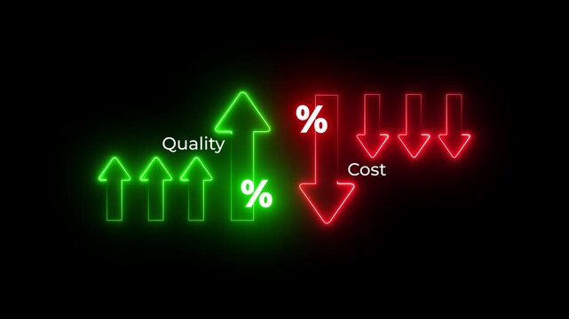 Cost and quality control concept. Person hold virtual cost and quality icons to Improve work efficiency for quality control and company cost reduction. quality with up arrow and cost with down arrow.