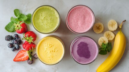 Top down view of four different smoothies in glass cups, green, pink, yellow, and purple, with fresh fruits around, placed on light marble table