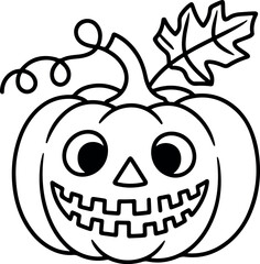 Whimsical hand drawn outline of a happy halloween jack o lantern with a curly stem and a leaf