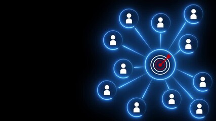 Customer relationship management concept. target icon linked with human icons for customer focus group. Data exchanges development and customer service. neon line background animation. 4k
