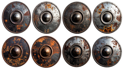 Obraz premium Old Weathered Round Iron Shields, Grunge Metal Badges and Design Elements PNG