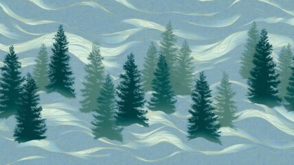 Fototapeta premium Stylized evergreen forest with wave patterns. AI image