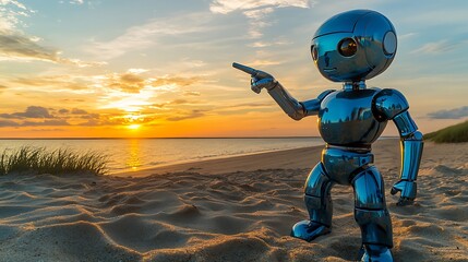 A 3D render of a warrior robot soldier with a helmet gun sitting on white sand on a futuristic beach
