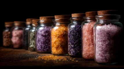 Collection of colorful bath salts and dried herbs in glass jars with cork stoppers arranged on a rustic wooden surface