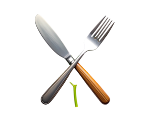A crossed fork & knife in a modern style, stainless steel, wooden handle, against a solid black background