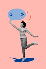 3D photo collage template artwork composite of young woman stand smile positive hand hold textbox conversation sticker quote message talk