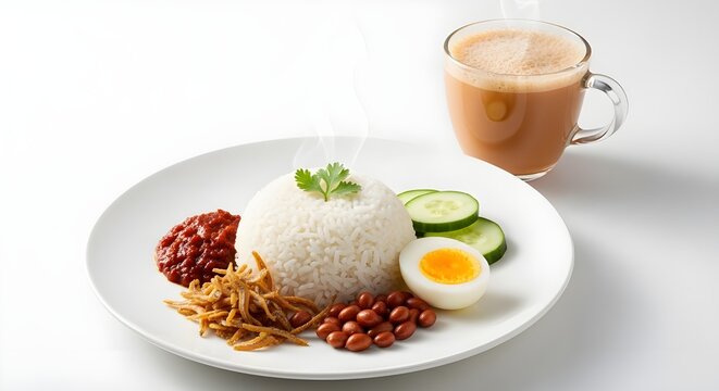 Traditional malaysian nasi lemak with teh tarik drink on white background