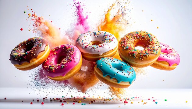 Colorful donuts exploding with sprinkles and powder burst on white background