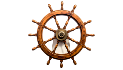 Wooden ship's wheel with brass center, against a dark background, showing details of wood grain and craftsmanship