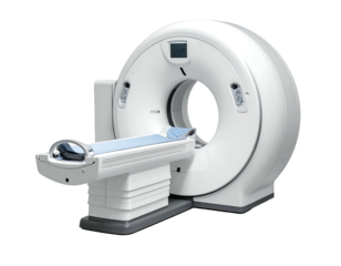 A CT scanner with a light blue bed, isolated on a black background