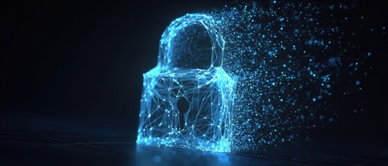 The Padlock of Digital Security Comprised of Glowing Wireframe and Dissolving Particles