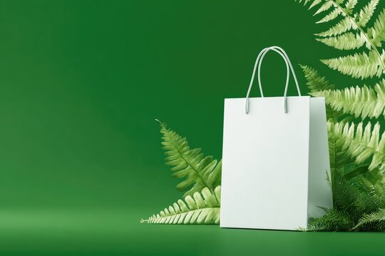 Blank white shopping bag against a bright green background with fern foliage