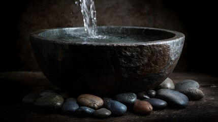 A stream of water pours into a rough stone vessel sink surrounded by smooth pebbles on a dark wooden surface