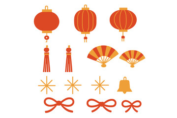 Traditional Asian festive decorations set with red lanterns, folding fans, tassels, and bows
