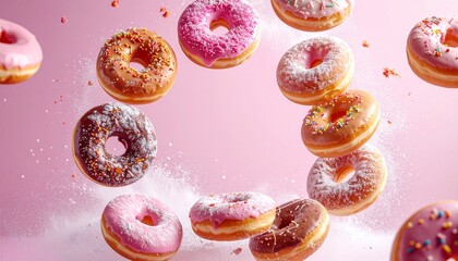 Assorted donuts floating in circular motion on pink background