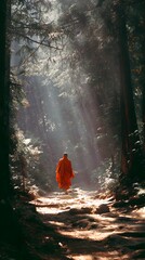 Fototapeta premium Buddhist monk walking through forest path with rays of sunlight
