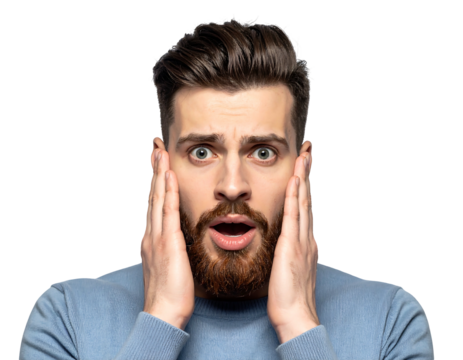 A bearded man with a shocked expression holding his hands to his face against a stark black background
