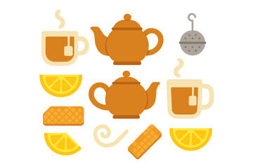Flat design collection of hot tea elements including teapots, steaming cups, lemon, and sweet snacks