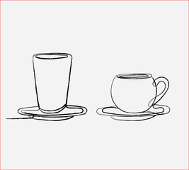Minimalist Brush Drawing Still Life: Coffee Cup and Glass Artwork for Beverage Industry and Cafe Design