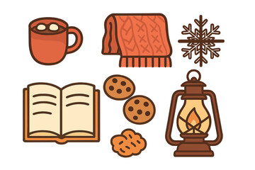 Cozy winter scene with hot cocoa, knitted scarf, open book, and glowing lantern