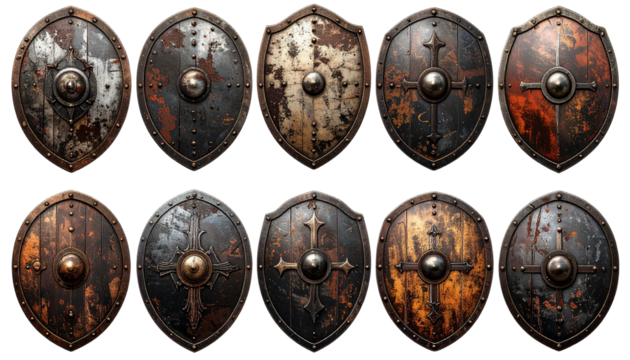  Set of Vintage Rusty Metal Shields, Round Battle Emblems Isolated on Transparent Background PNG