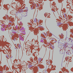 Seamless pattern, hand drawn outline pink Peony flowers on white background