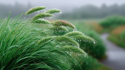 Moody Close Up Of Green Grass With Morning Dew Drops In Soft Misty Outdoor Garden Landscape