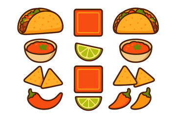 Stylized set of Mexican food elements featuring tacos, salsa, tortilla chips, chili peppers, and lime