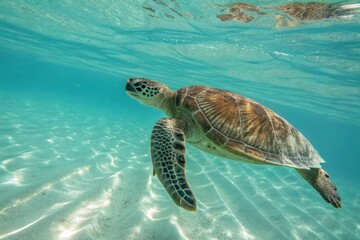 Obraz premium Sea turtle swimming in the ocean, with sunlight reflecting on the sand