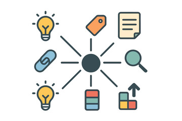 Central hub connecting business and marketing concept icons for strategy and data analysis