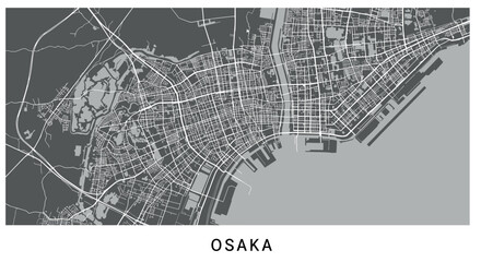 Detailed city map of osaka in monochrome style