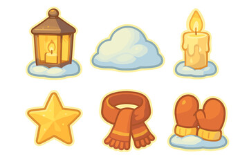 Warm clothing and festive elements for winter holidays including lights and stars