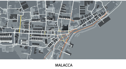 Fototapeta premium Detailed urban map of malacca with roads and buildings in modern flat style