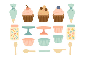 Collection of cute baking elements including cupcakes, frosting bags, sprinkles, and cake stands