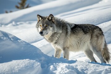 Fototapeta premium Gray wolf standing in the snow in yellowstone national park, wyoming
