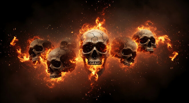 Powerful conceptual image a haunting digital render of multiple fiery skulls in smoky darkness