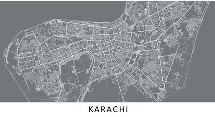 Obraz premium Detailed map of karachi city in monochrome design on gray background