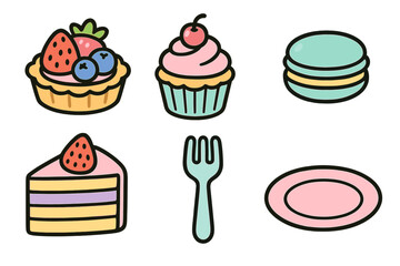 Cute pastel bakery items including cake, cupcake, macaron, tart, fork, and plate