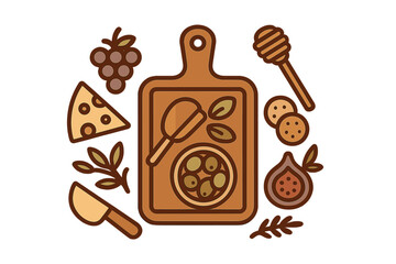 Gourmet appetizer platter arrangement featuring cheese, grapes, olives, and honey on a wooden board